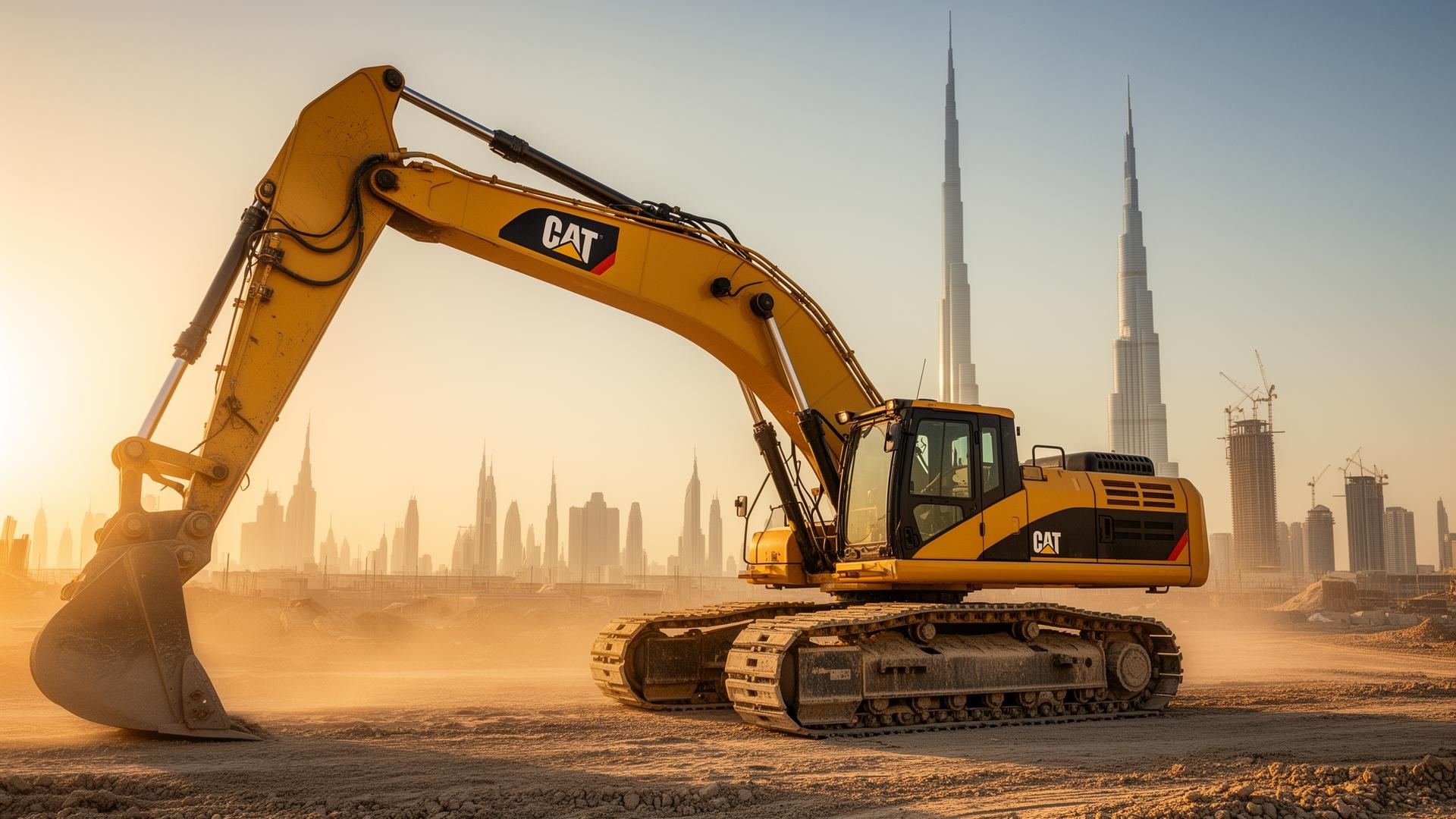 Hydraulic excavator on a Dubai construction site with the city skyline behind