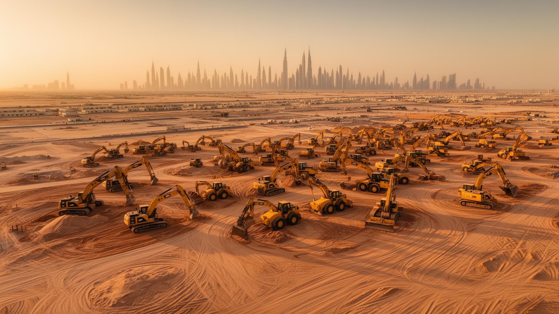 Aerial view of a fleet of earthmoving machinery on a UAE construction site